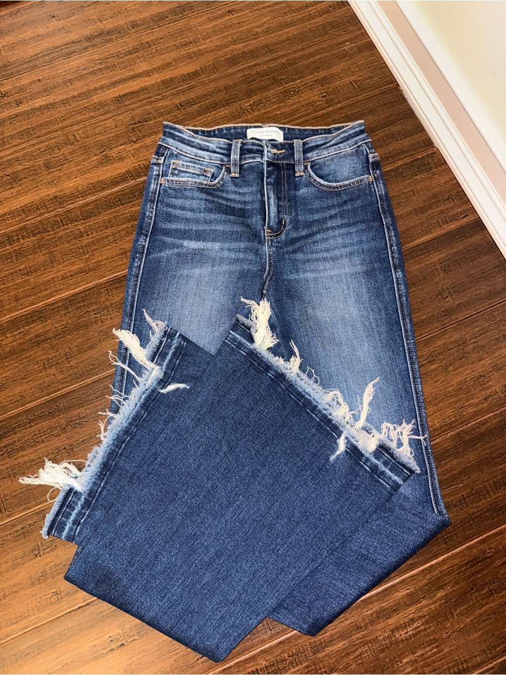 Flying Monkey Distressed Blue Wide Leg Jeans with Raw Hem